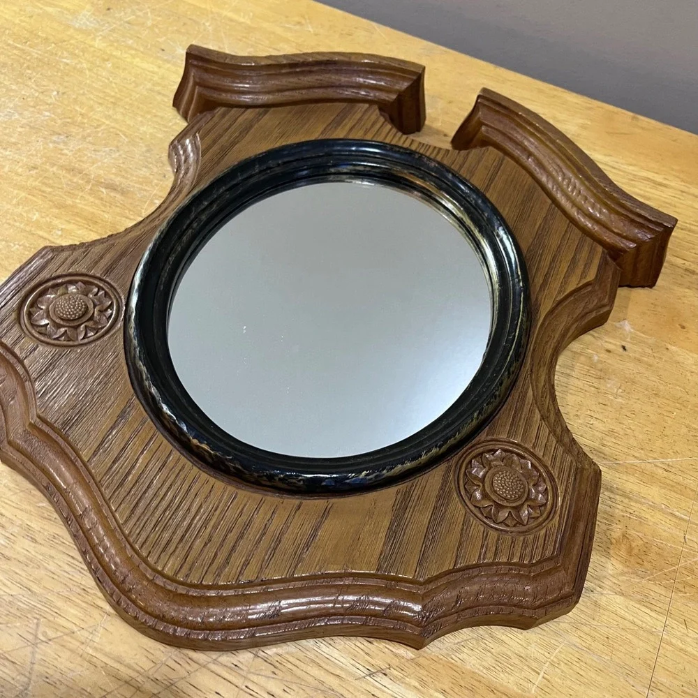 Vtg 1971 Syroco Homco 2391 Faux Wood Shield Wall Mirror Floral MCM 16.5x12.5 USA